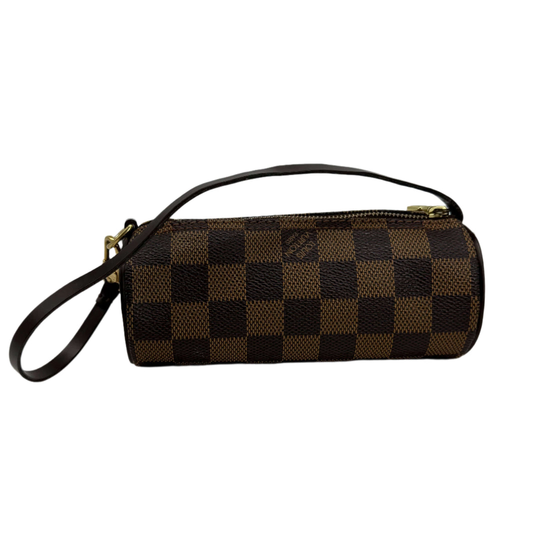 Louis Vuitton Damier Ebene Mini Papillon, pre-owned handbag with signature brown checkered pattern and leather strap.