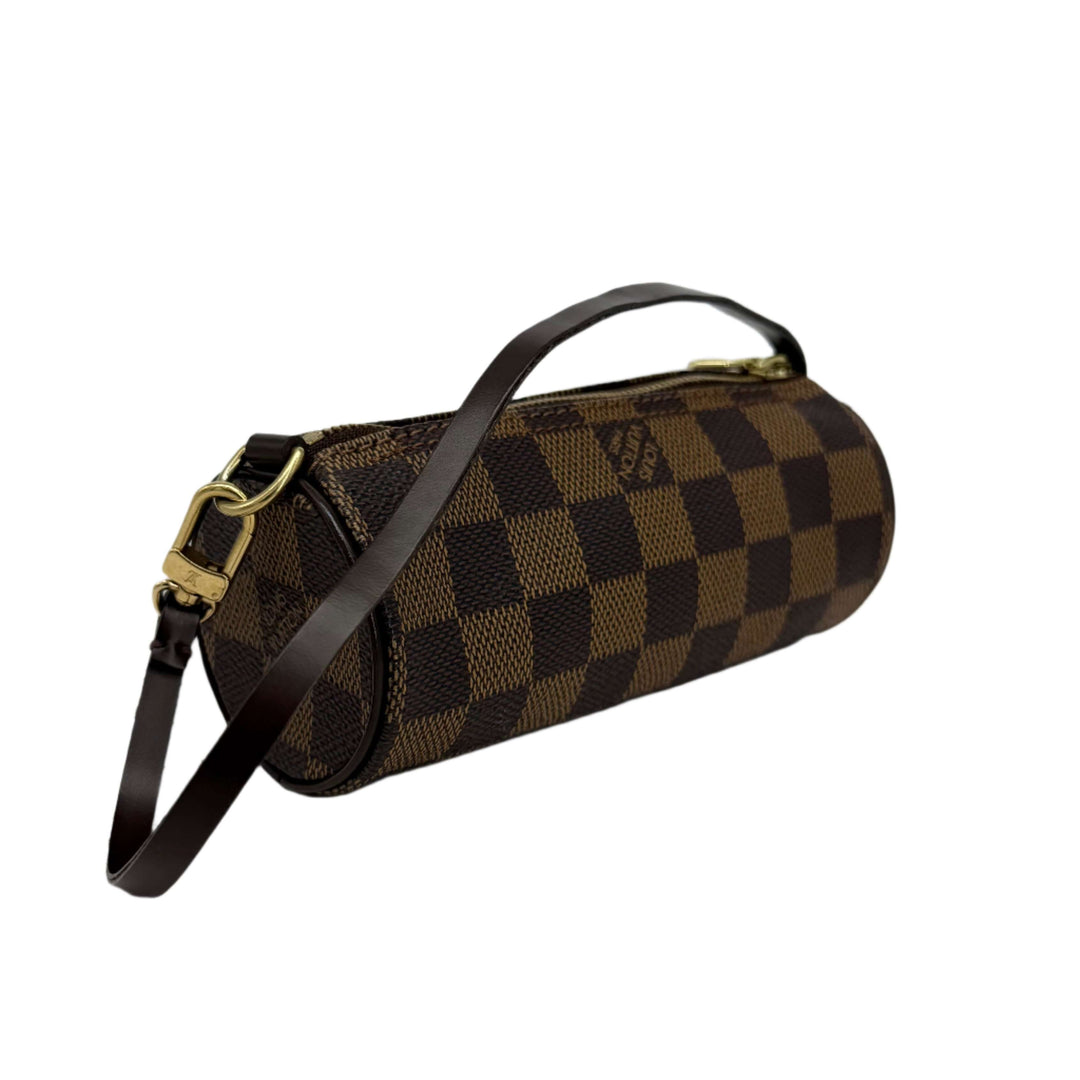 Authentic pre-owned Louis Vuitton Damier Ebene Mini Papillon bag with brown leather strap and brass hardware.