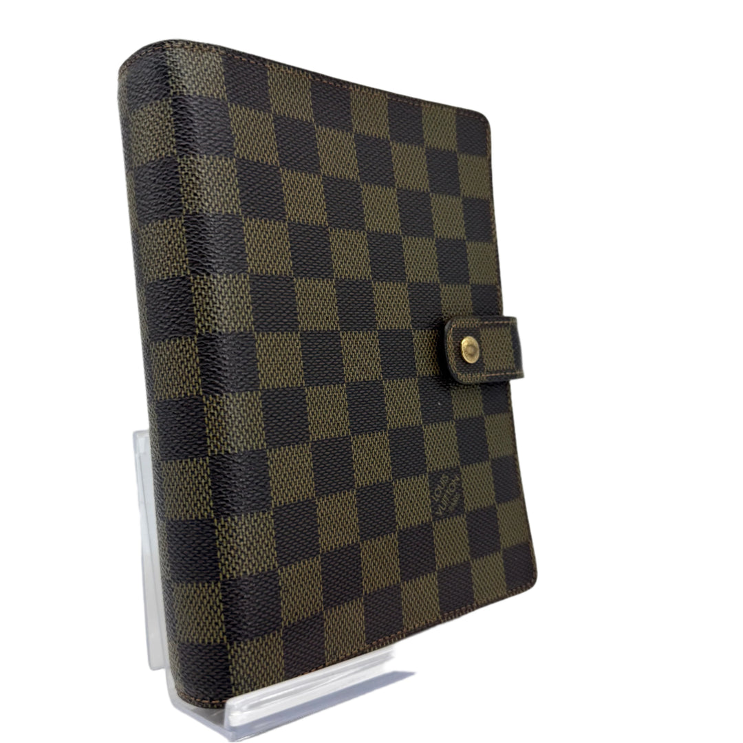 Authentic Louis Vuitton Damier Ebene Medium Ring Agenda Cover with six-ring binder and card slots.