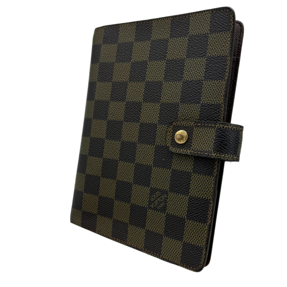 Authentic Louis Vuitton Damier Ebene Medium Ring Agenda Cover with six-ring binder and card slots.