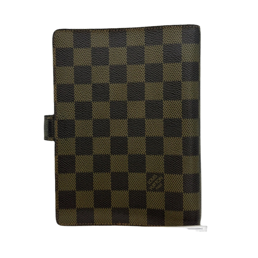 Authentic Louis Vuitton Damier Ebene Medium Ring Agenda Cover featuring a stylish checkerboard design.