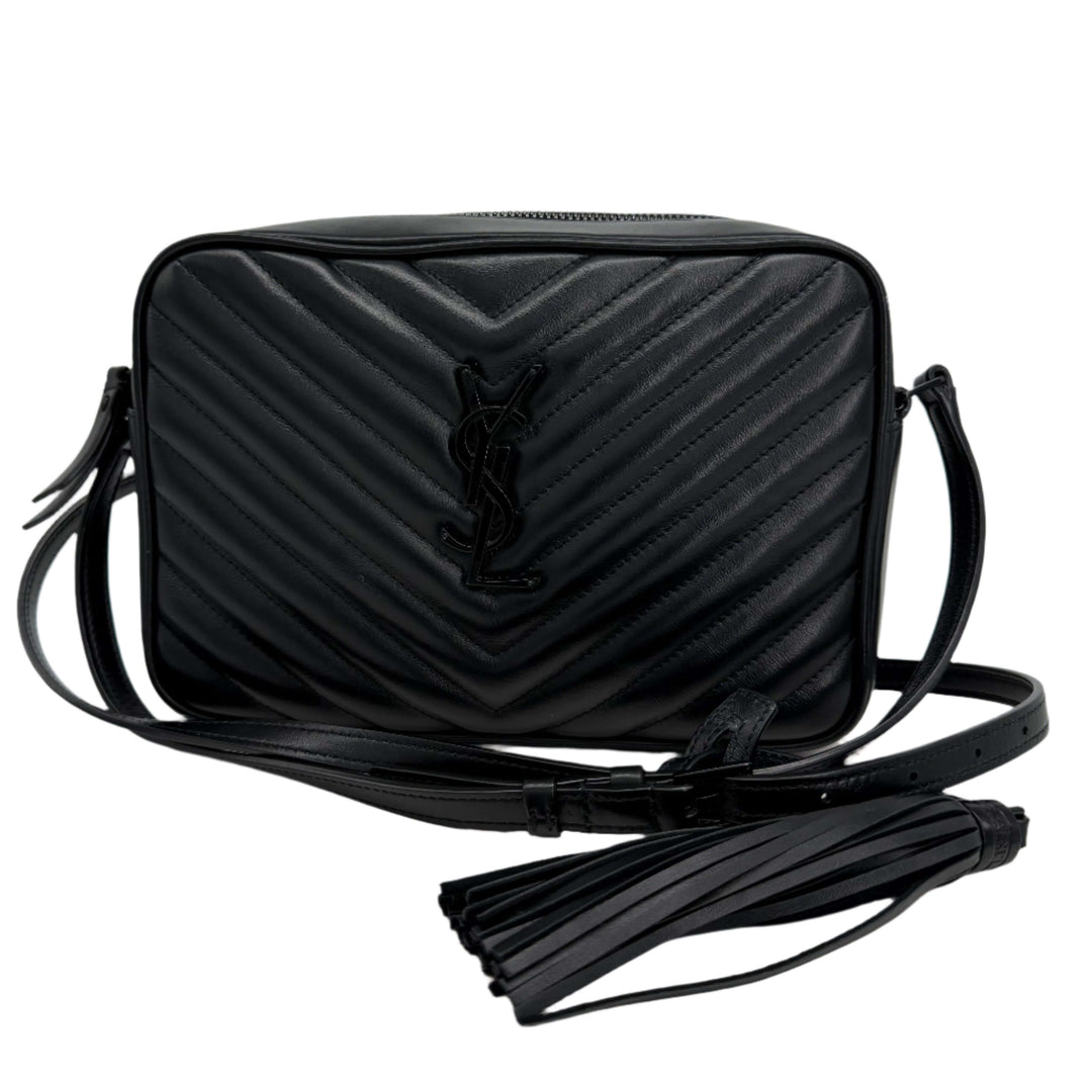 Authentic Saint Laurent black calfskin matelassé Lou camera bag with chevron quilting and YSL logo.