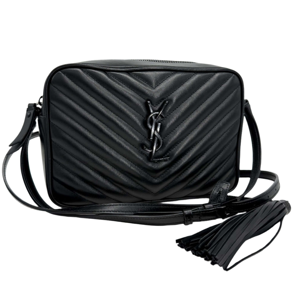 Authentic black calfskin Saint Laurent Matelassé Lou Camera Bag with chevron quilting and YSL logo.