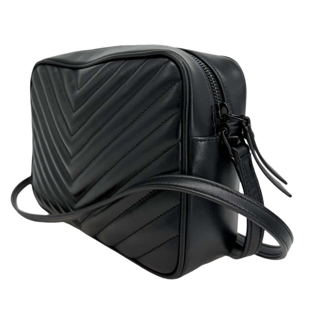 Authentic black calfskin Saint Laurent Lou camera bag with chevron quilting and adjustable strap.