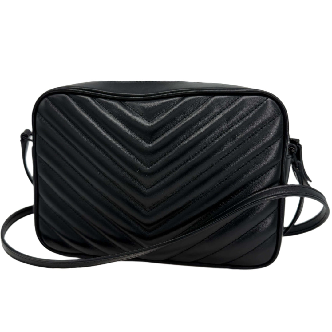 Authentic black calfskin Saint Laurent Lou Camera Bag with chevron quilting and sleek design.