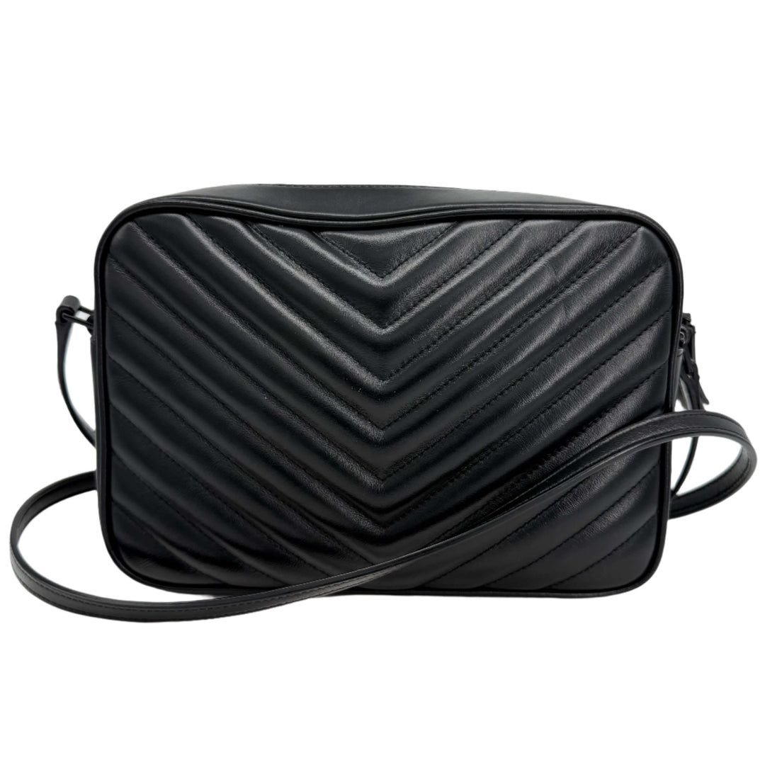 Black calfskin matelassé chevron quilted Lou camera bag from Saint Laurent.