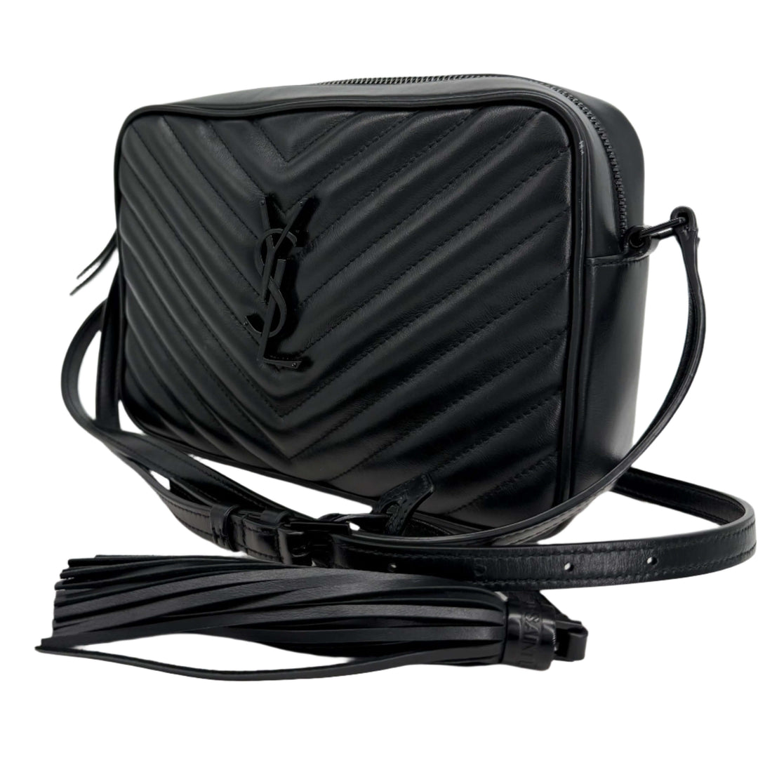 Authentic black Saint Laurent Lou Camera Bag with chevron quilting and fringe strap.