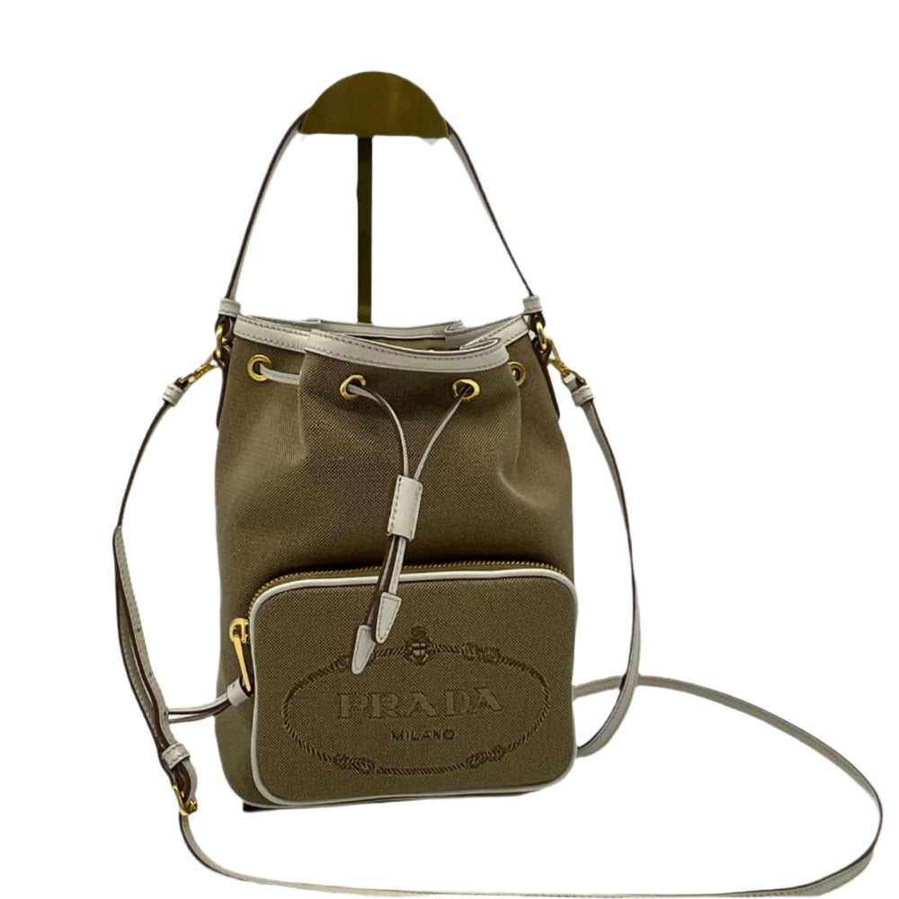 PRADA Jacquard Logo Mini Bucket Crossbody Bag in Beige Canvas and Leather with Corda Talco design, featuring adjustable strap.