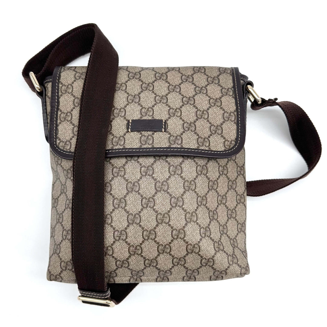 Authentic GUCCI GG Plus Monogram Small Flap Messenger Bag in Beige and Dark Brown with adjustable shoulder strap