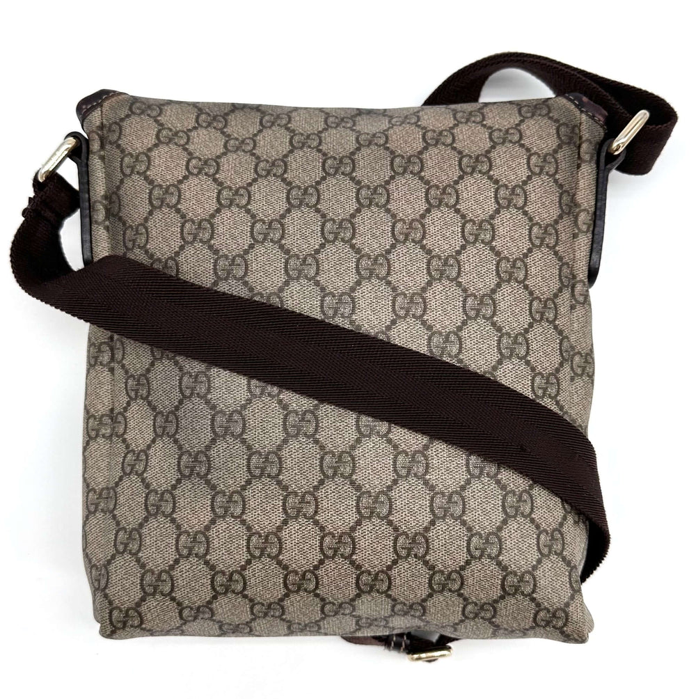 Authentic GUCCI GG Plus Monogram Small Flap Messenger Bag in Beige and Dark Brown with adjustable dark brown strap