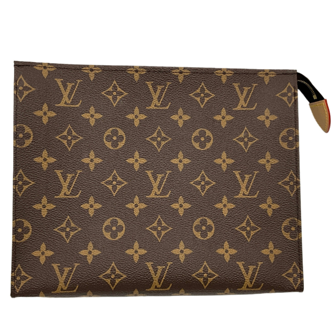 Louis Vuitton Monogram Trio Large Toilet Pouch 26 in classic brown with iconic LV pattern and pink accents.