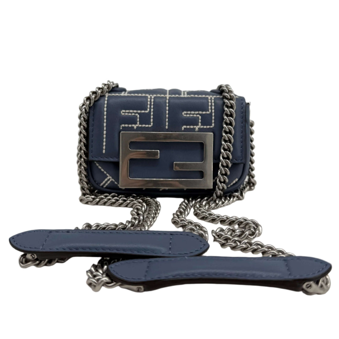 Fendi blue embossed stitched leather nano Baguette crossbody bag with chain strap, authentic pre-owned.