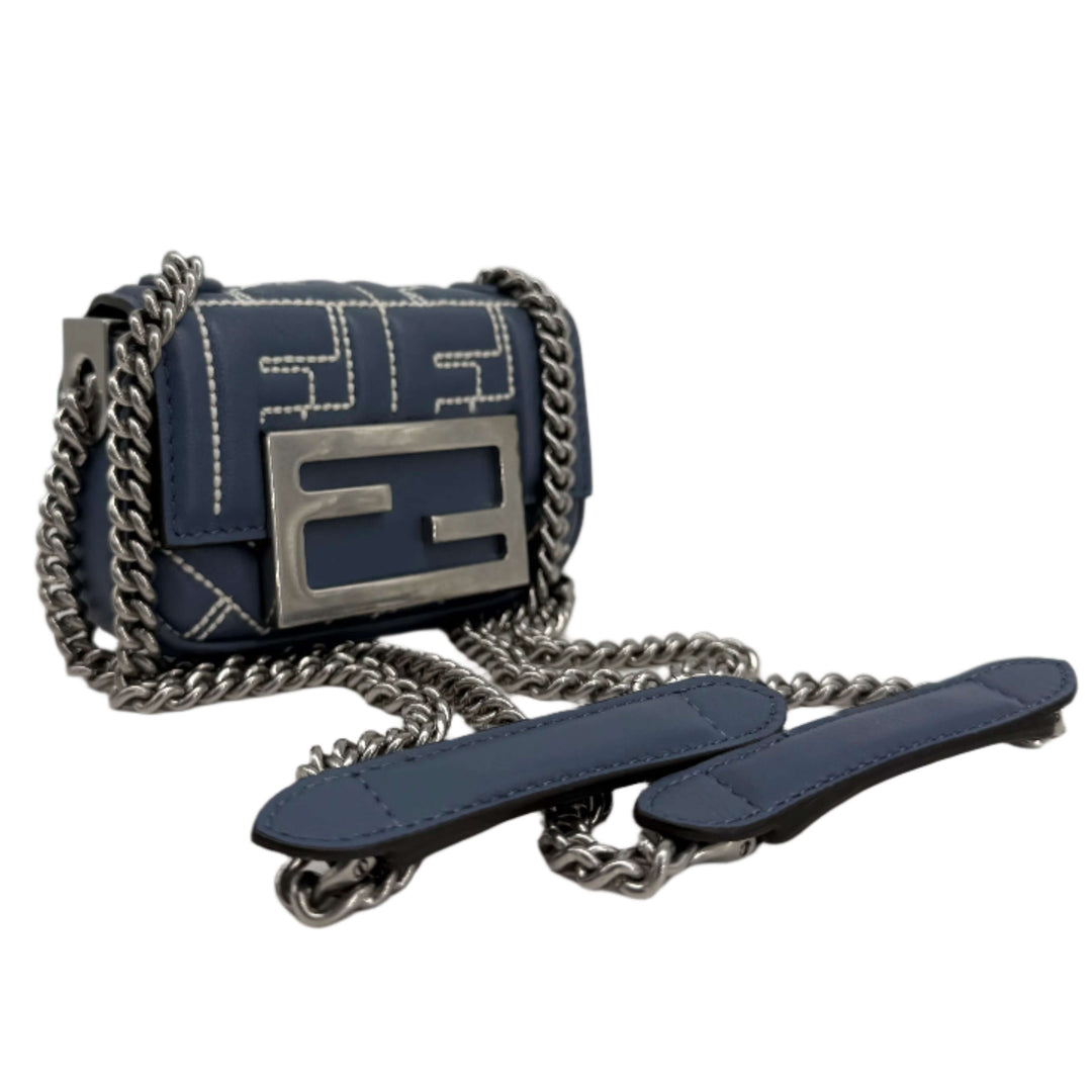 Fendi Blue Embossed Stitched Leather Nano Baguette Chain Crossbody Bag with silver chain strap