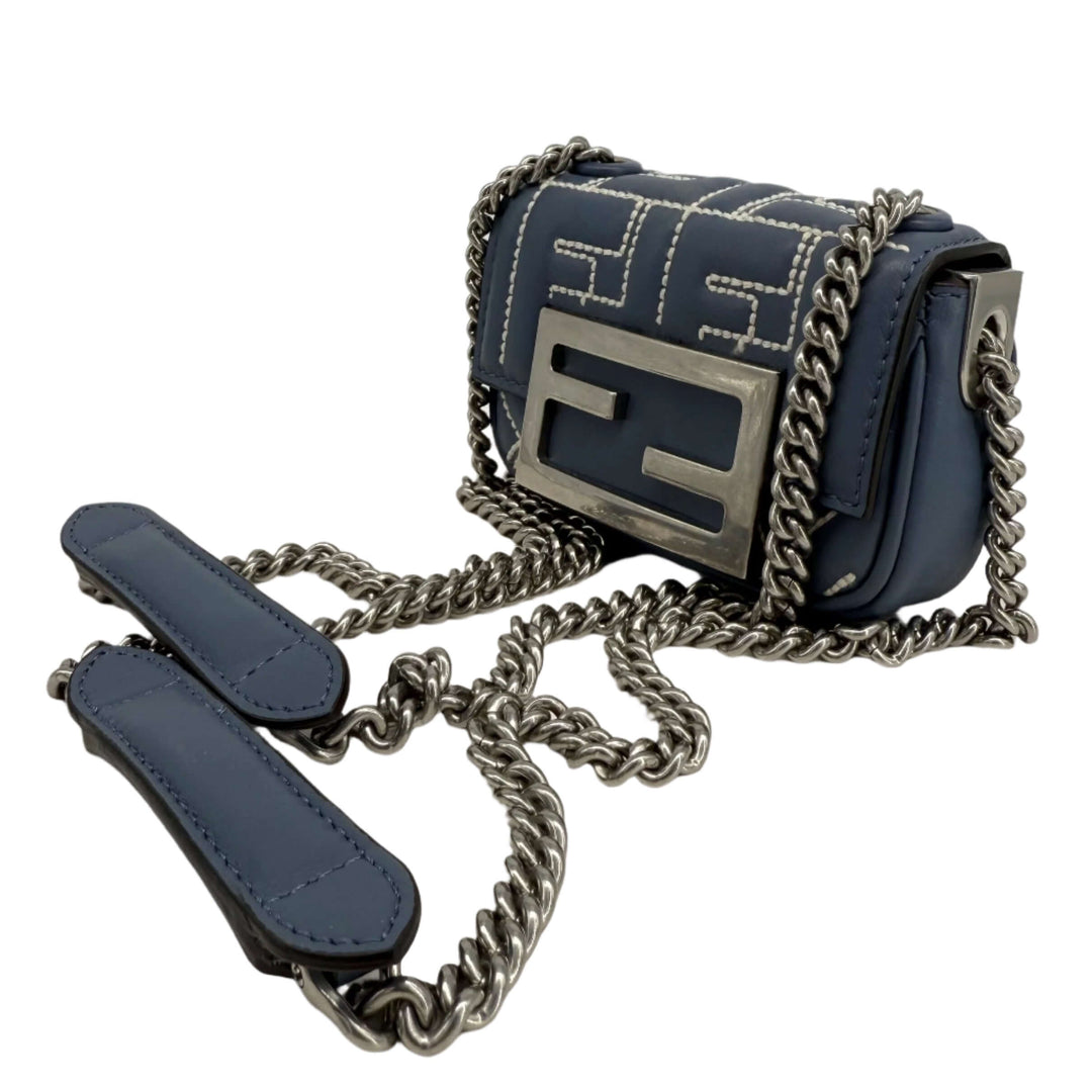 Fendi Blue Embossed Stitched Leather Nano Baguette Chain Crossbody Bag with silver chain, pre-owned condition.