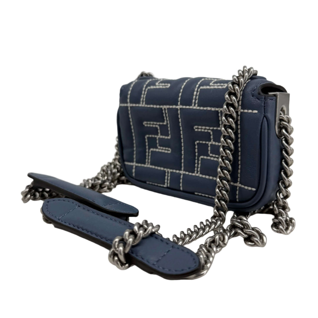 Fendi Blue Embossed Stitched Leather Nano Baguette Chain Crossbody Bag with silver chain, authentic pre-owned.