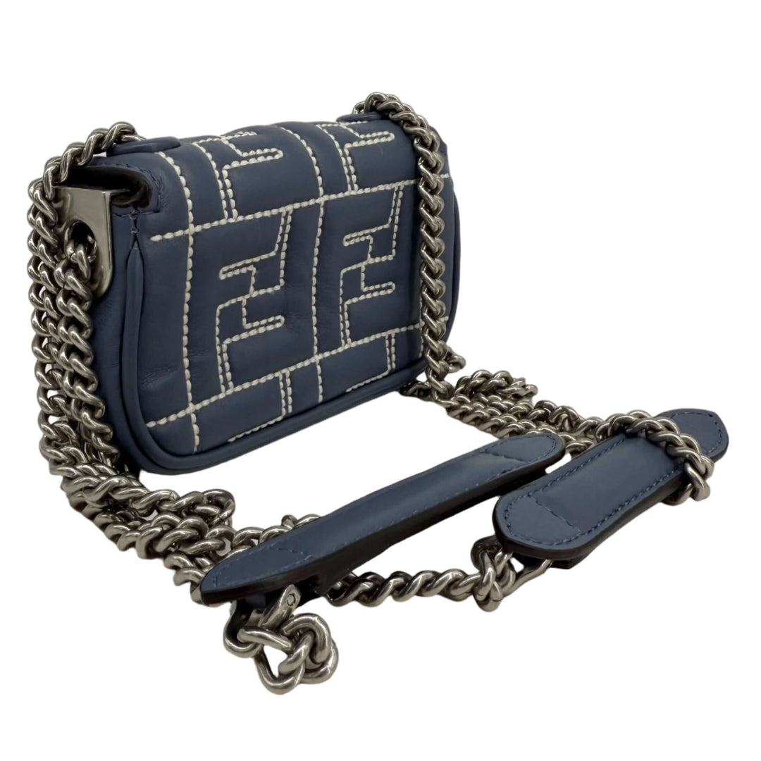 Fendi Blue Embossed Stitched Leather Nano Baguette Crossbody Bag in blue with silver chain.