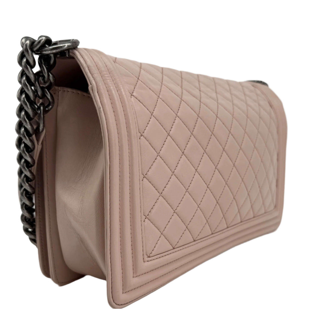 Chanel Lambskin Quilted Medium Boy Flap in Light Pink, featuring diamond quilting and ruthenium chain.