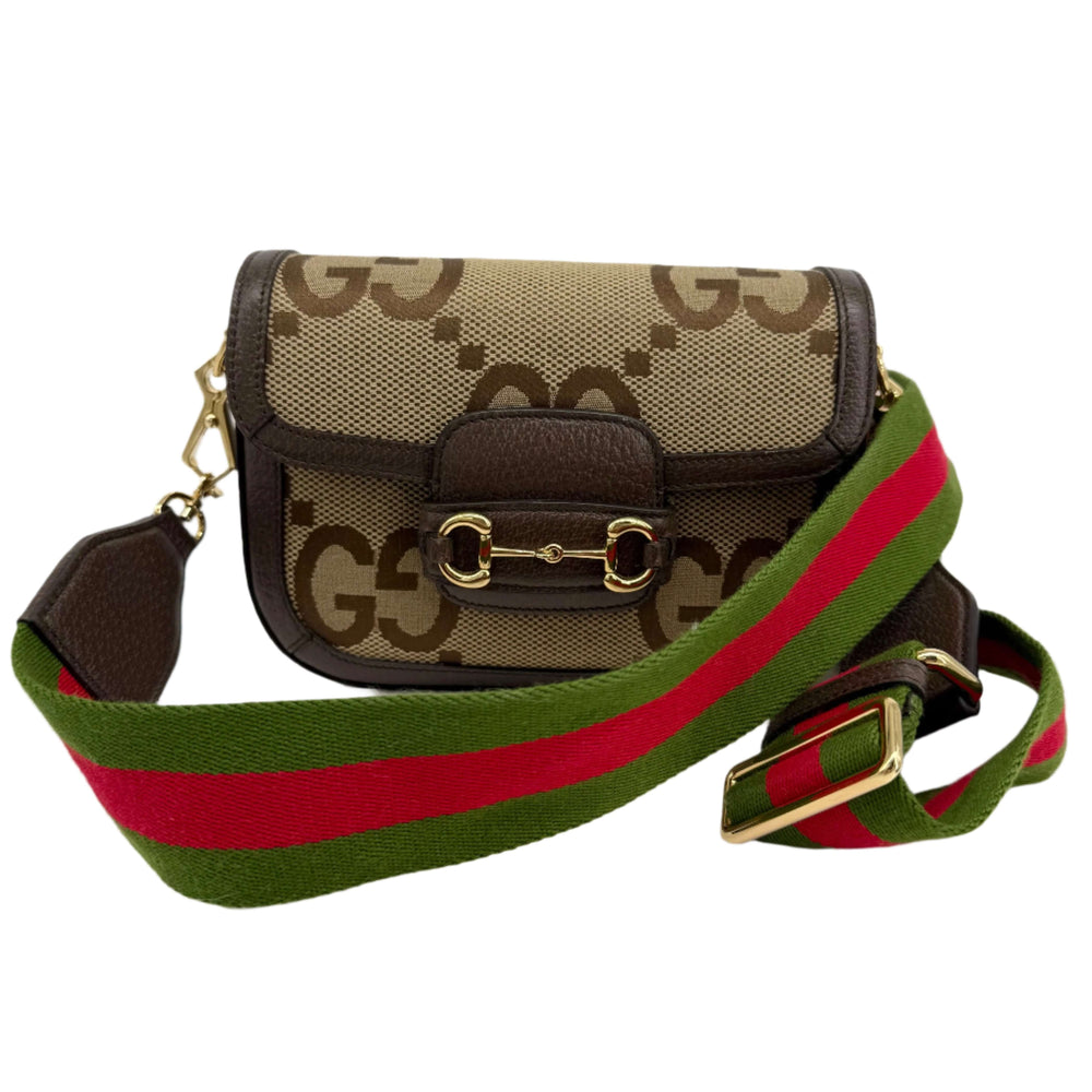 Gucci Monogram Jumbo GG Web Mini Horsebit 1955 Shoulder Bag with green and red strap, authentic pre-owned luxury accessory.