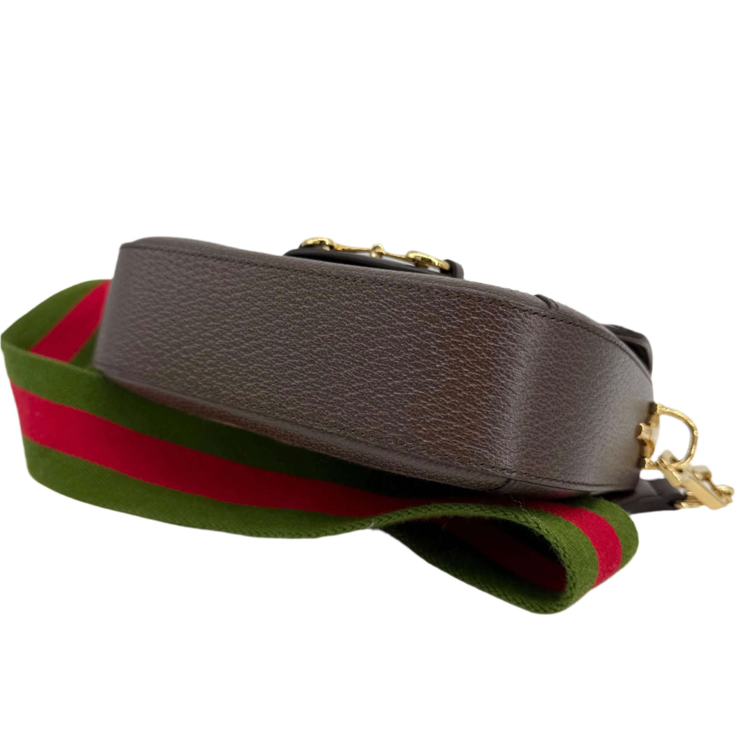 Gucci Monogram Jumbo GG Web shoulder bag strap in brown leather with green and red stripes.