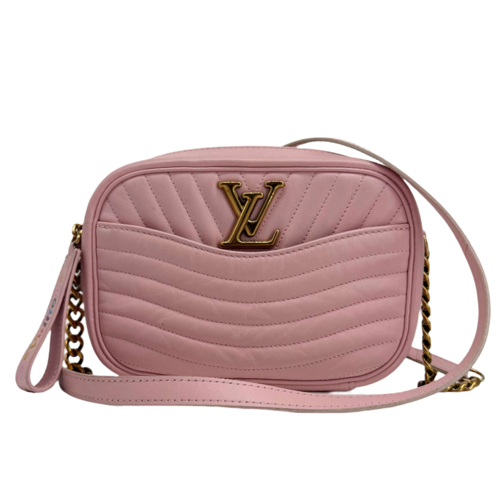 Louis Vuitton Quilted Calfskin New Wave Camera Bag in Smoothie Pink with aged gold-tone hardware.