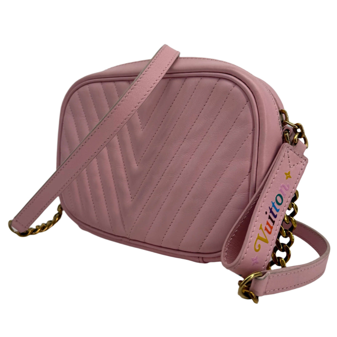 Louis Vuitton Quilted Calfskin New Wave Camera Bag in Smoothie Pink with aged gold-tone hardware.