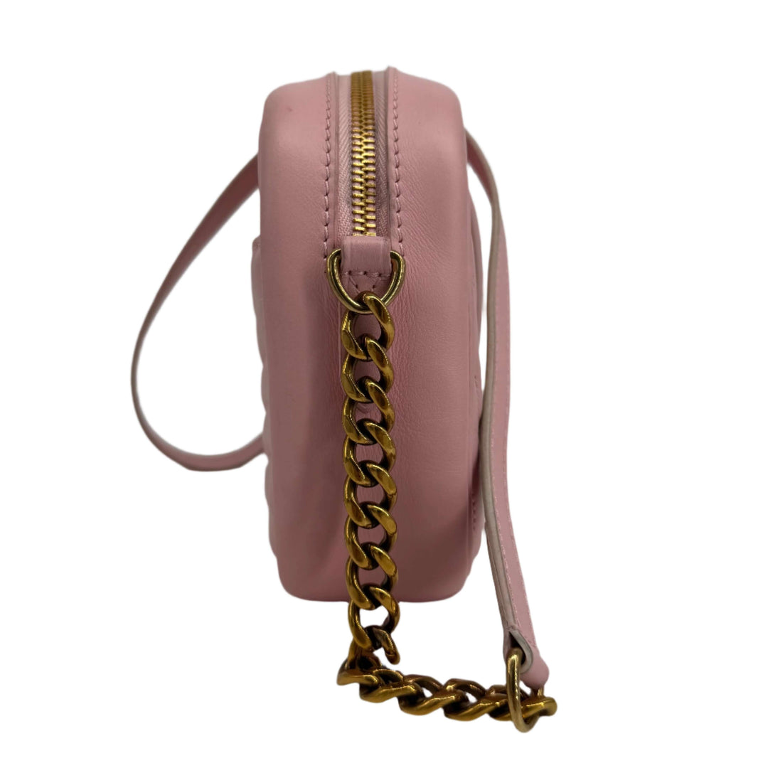 Louis Vuitton Quilted Calfskin New Wave Camera Bag in Smoothie Pink, featuring a side view with aged gold-tone hardware.