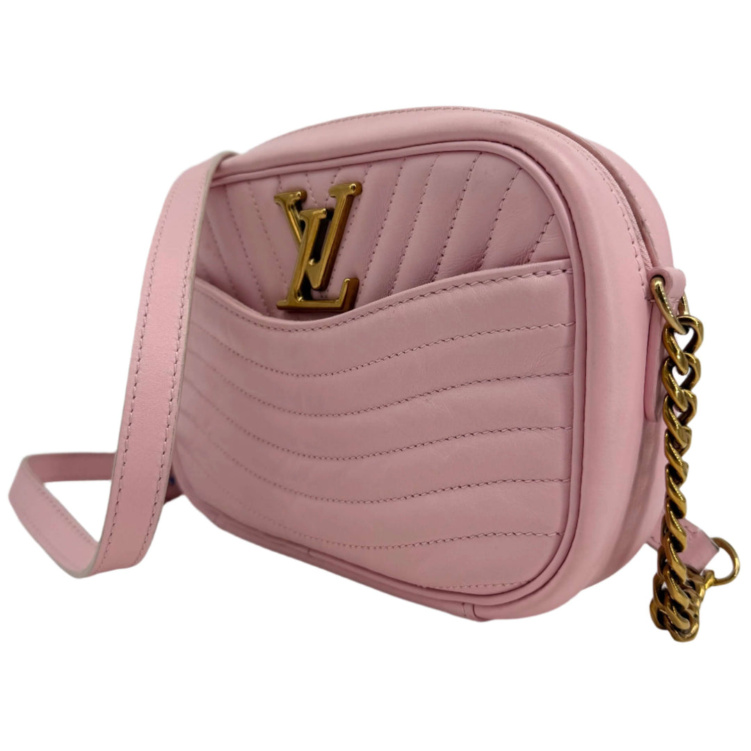 Louis Vuitton Quilted Calfskin New Wave Camera Bag in Smoothie Pink with gold-tone hardware and chain strap.