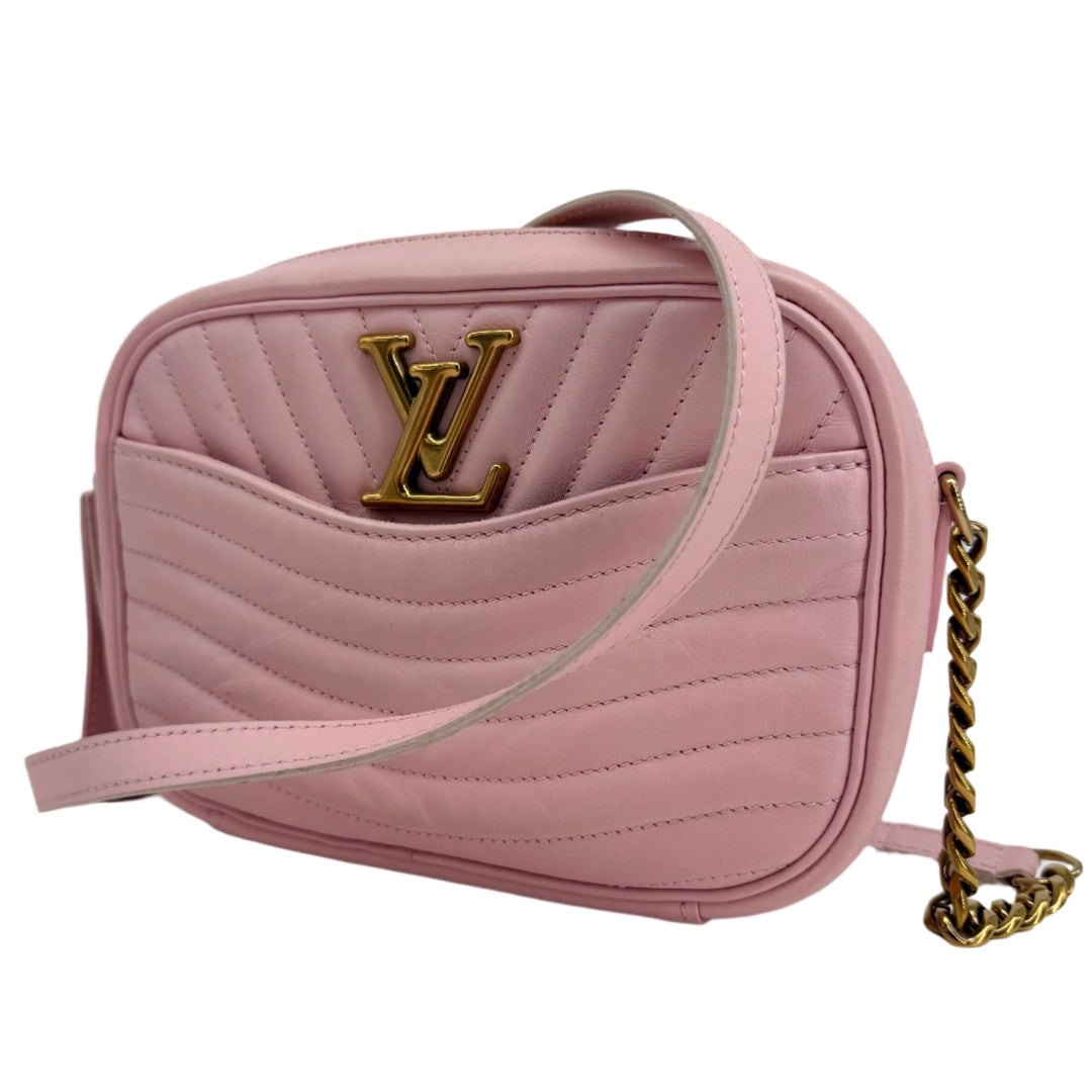 Louis Vuitton Quilted Calfskin New Wave Camera Bag in Smoothie Pink with gold-tone hardware and chain strap.