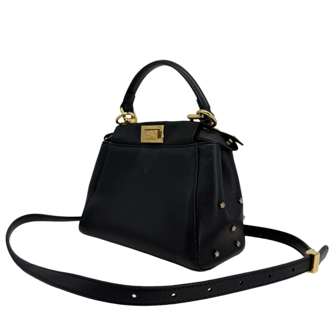 Fendi Nappa Crystal Studded XS Peekaboo Satchel in Black, featuring gold hardware and crystal accents.