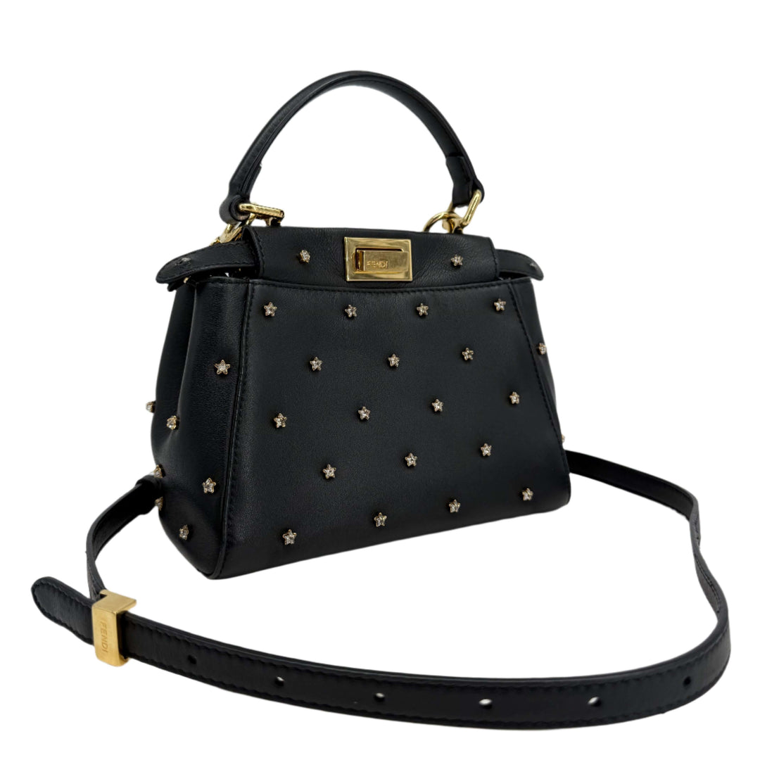 Fendi Nappa Crystal Studded XS Peekaboo Iconic Satchel in Black, featuring elegant crystal star embellishments.