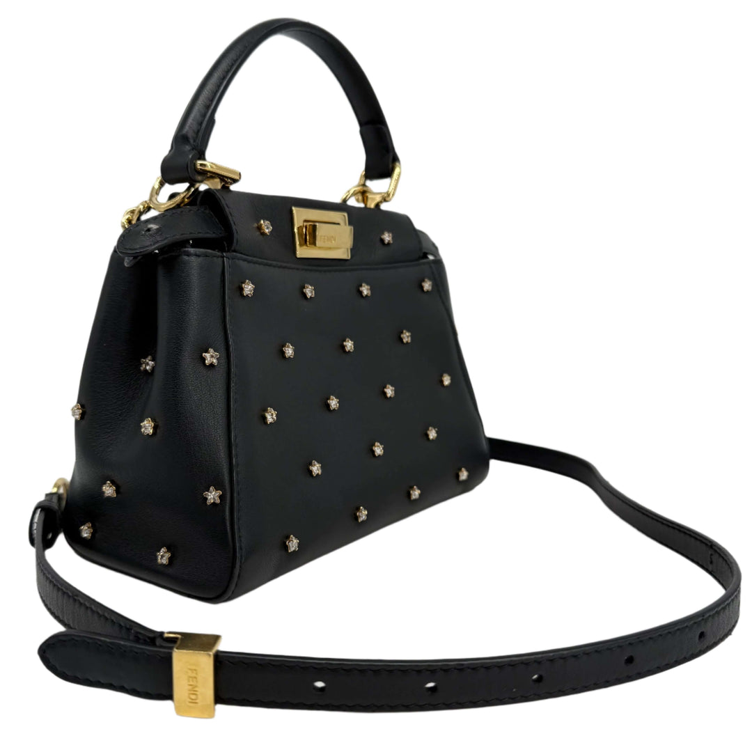 Fendi Nappa Crystal Studded XS Peekaboo Iconic Satchel in Black, featuring crystal stars and elegant design.