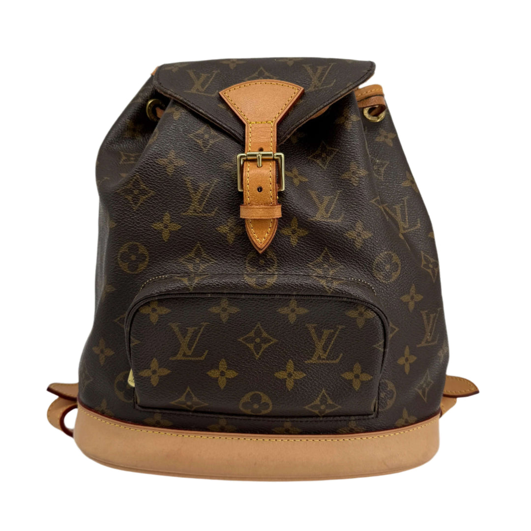 Louis Vuitton Montsouris Backpack MM in Monogram Canvas with vachetta leather trim, pre-owned and authentic.