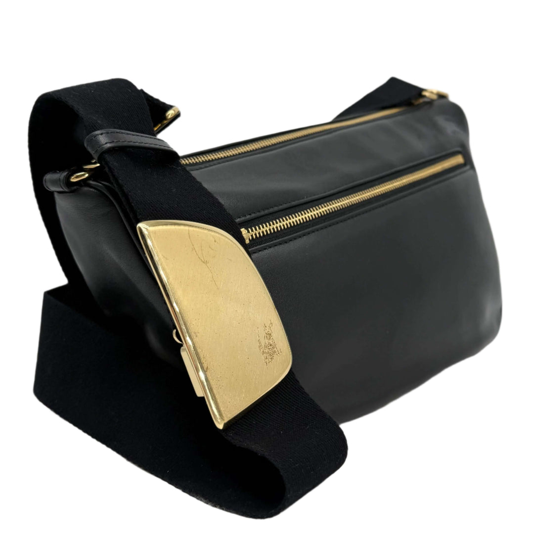 Authentic Burberry Medium Shield Messenger Bag in Black with gold hardware and adjustable strap.