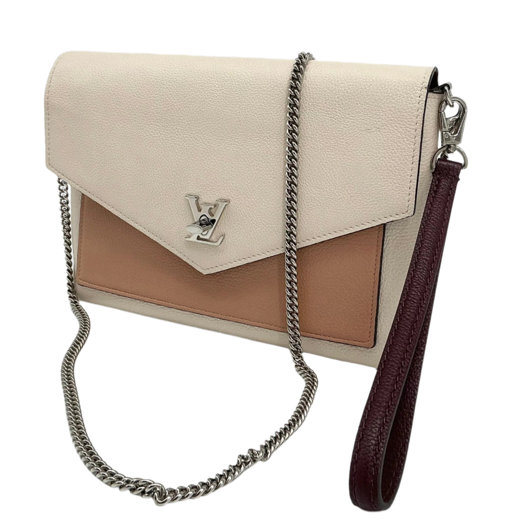 Authentic Louis Vuitton Soft Calfskin My Lockme Pochette in cream, pink, and burgundy with silver-tone chain strap.