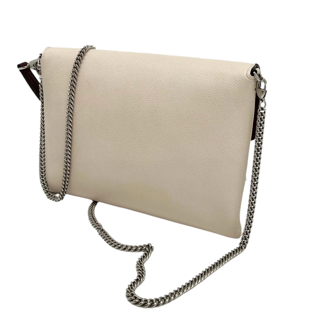 Authentic beige leather crossbody bag with chain strap and minimalist design.