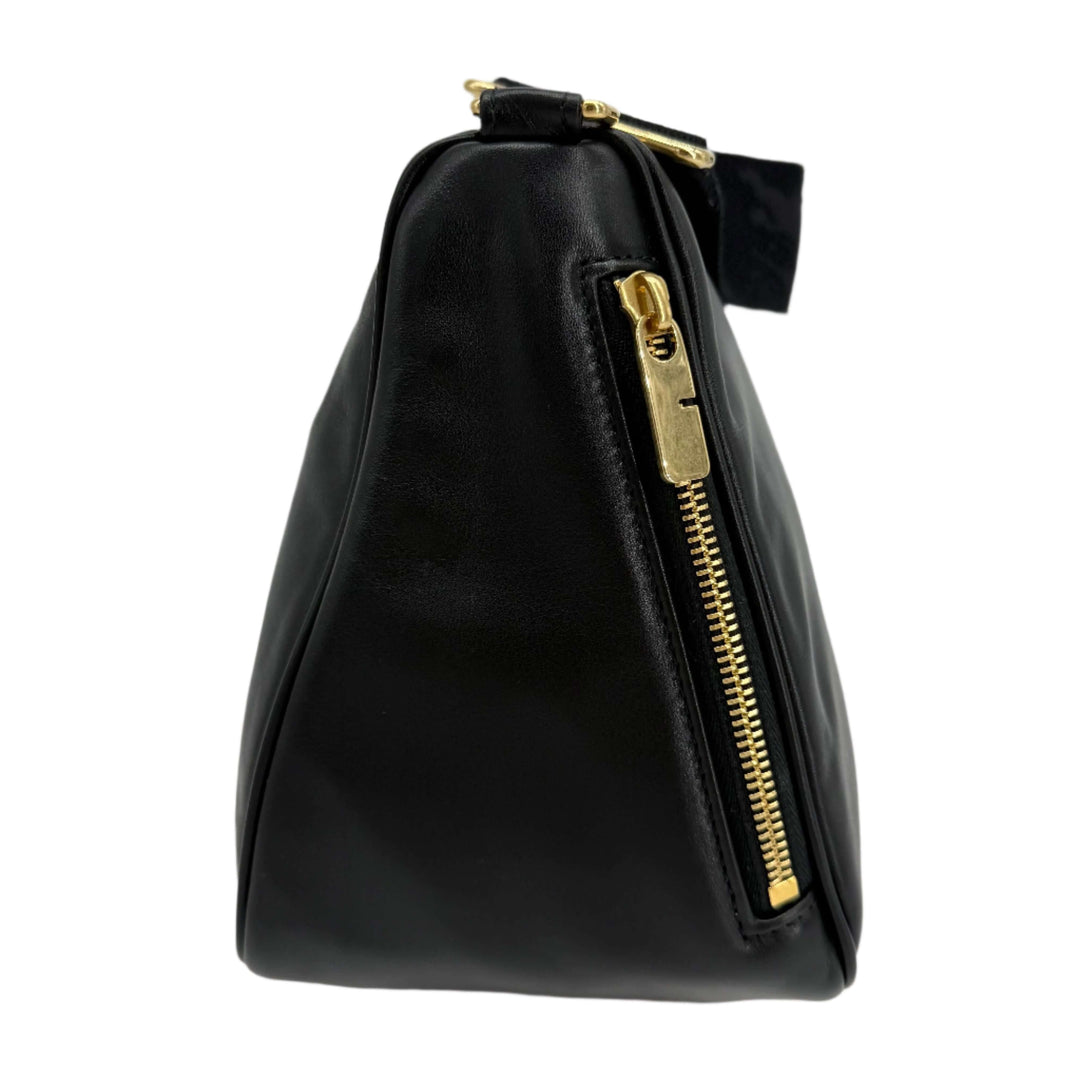 Side view of the Burberry Medium Shield Messenger Bag in black with gold zipper detail.