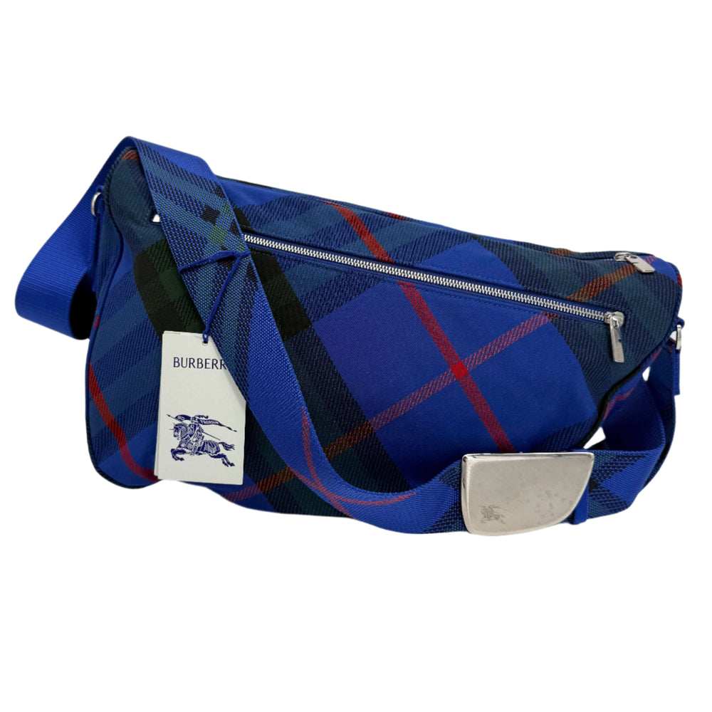 Burberry Nylon Shield Check Crossbody Bag in Blue Check with adjustable strap and zippered pocket.