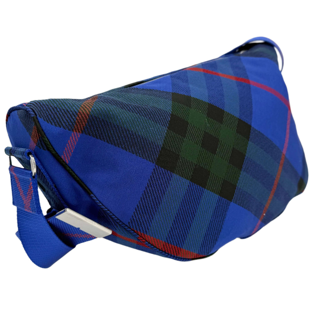 Burberry Nylon Shield Check Crossbody Bag in blue check pattern, showcasing durable nylon material and stylish design.