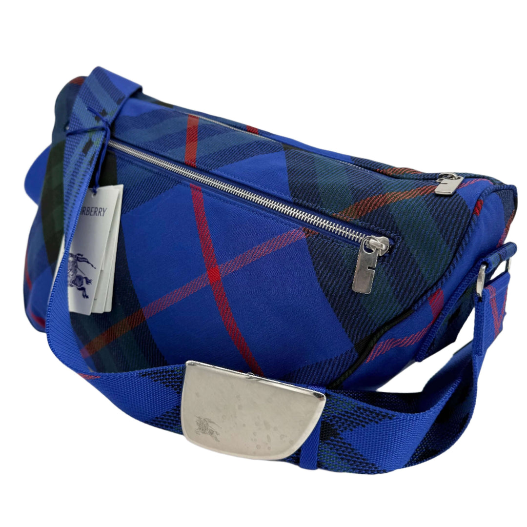 Burberry Nylon Shield Check Crossbody Bag in Blue Check with adjustable strap and silver zipper detail.