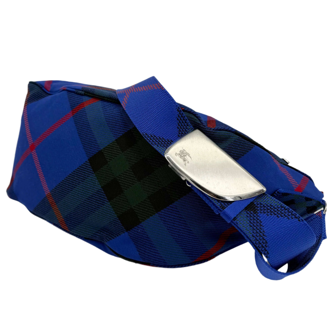 Burberry Nylon Shield Check Crossbody Bag in blue check, showcasing durable construction and adjustable strap.