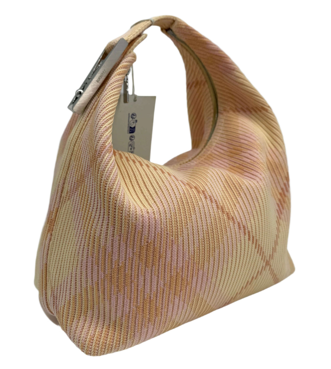 Burberry Canvas Peg Medium Duffle Bag in Sherbert with pink check pattern and beige accents, zip-top closure.