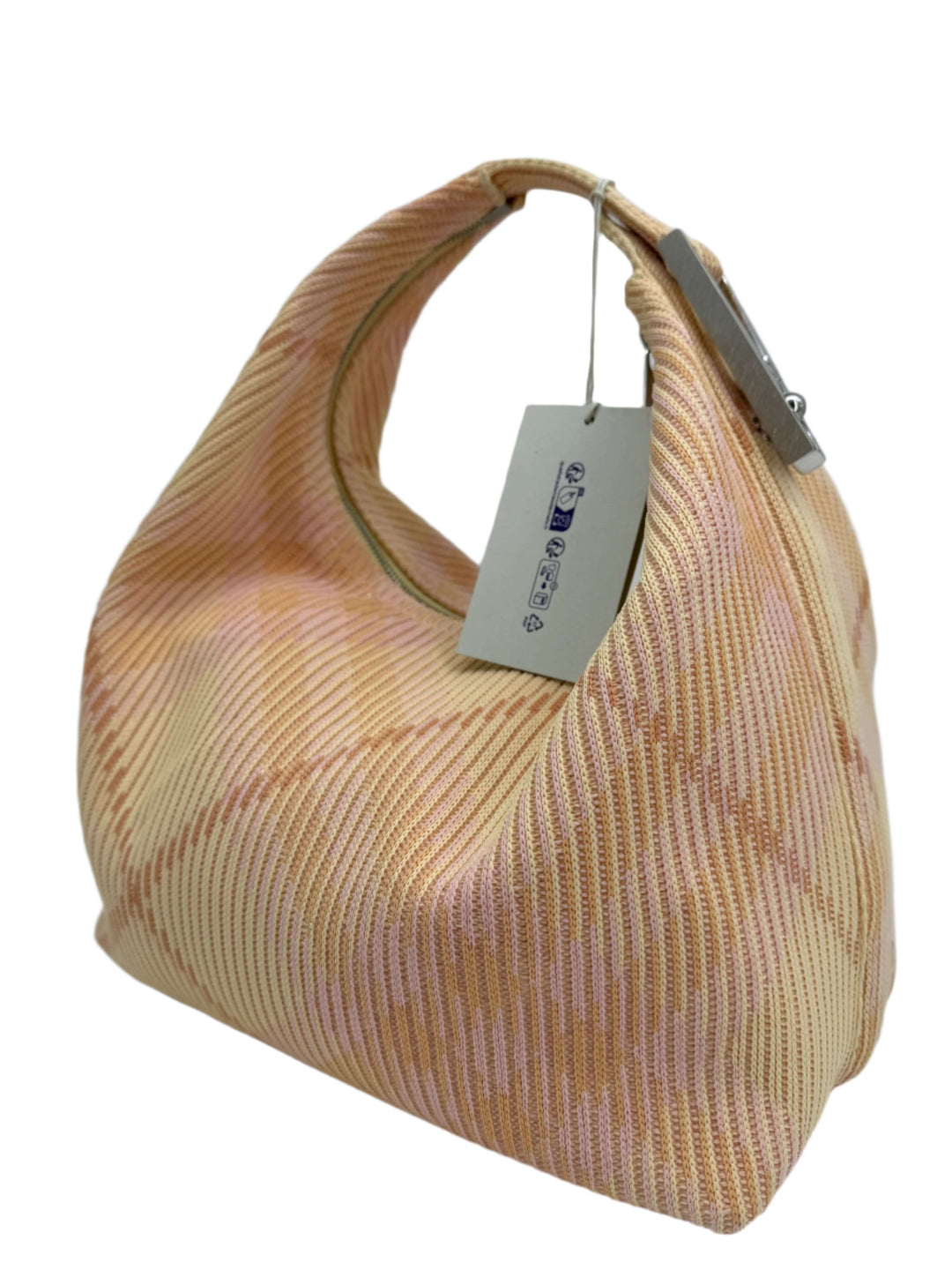 Authentic Burberry Canvas Peg Medium Duffle Bag in Sherbert with pink check pattern and spacious design.