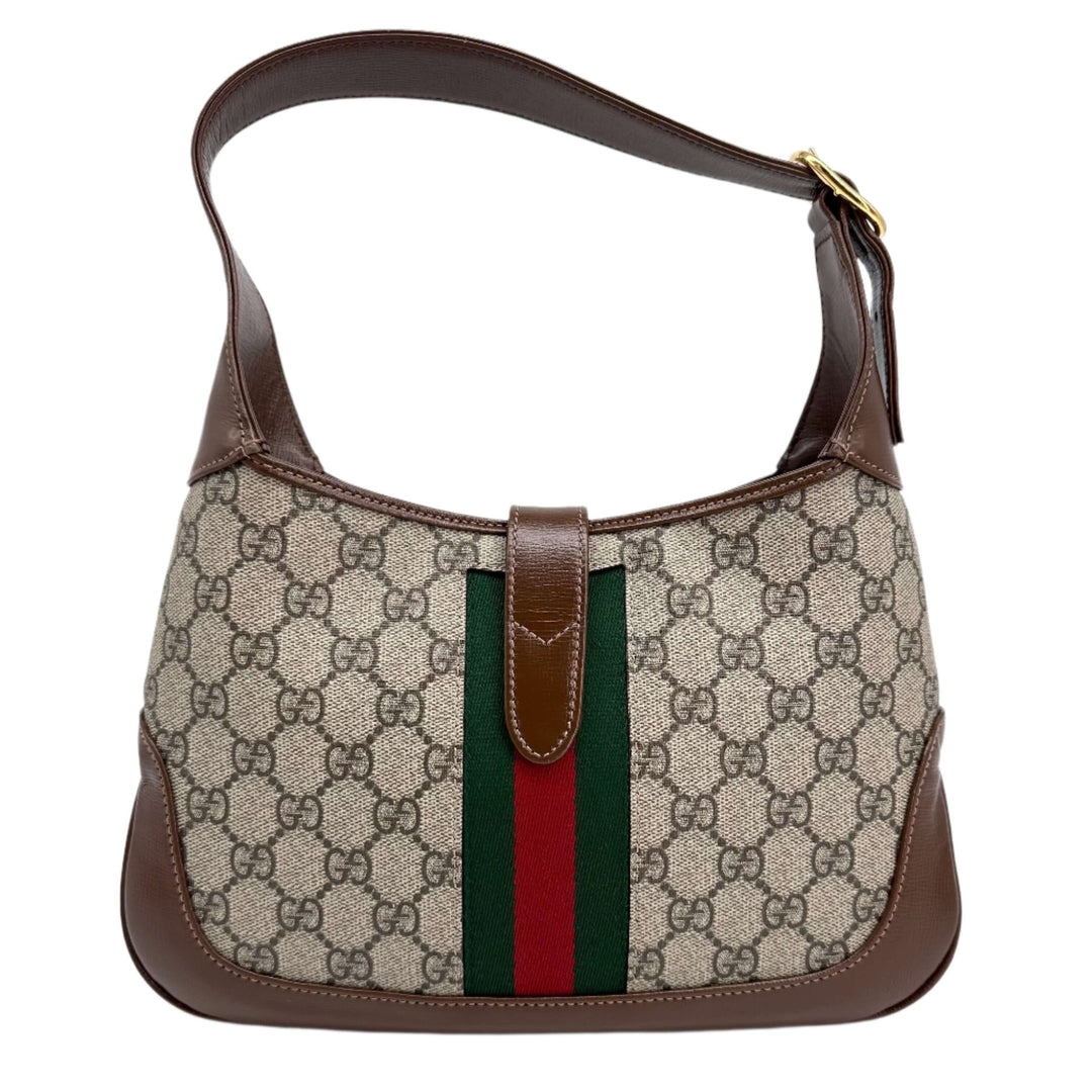 GUCCI GG Supreme Monogram Small Jackie 1961 Hobo Bag in Beige Ebony with Brown Leather and Signature Stripe Detail