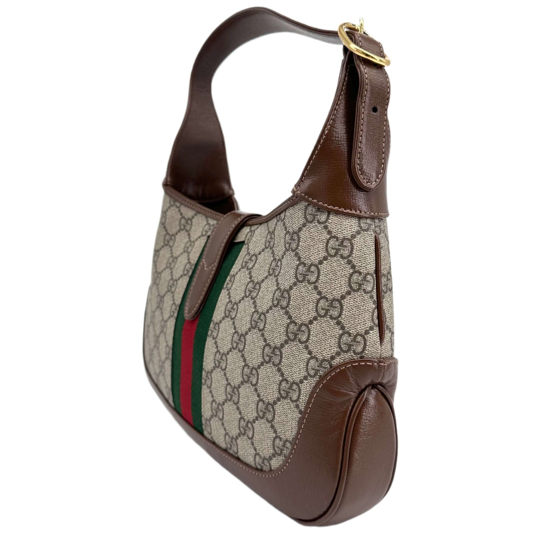 GUCCI GG Supreme Monogram Small Jackie 1961 Hobo Bag in Beige Ebony with Brown Leather Trim