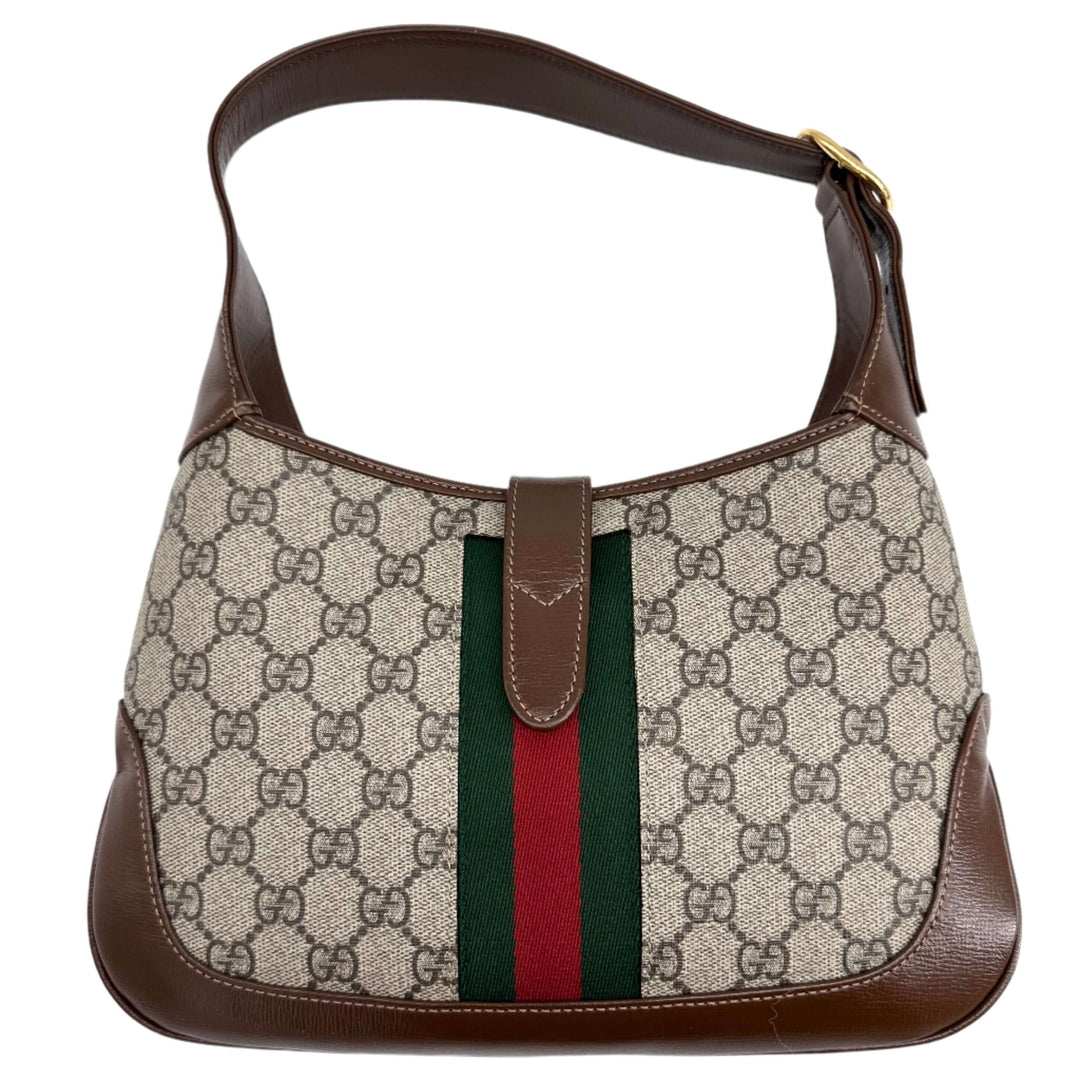 GUCCI GG Supreme Monogram Small Jackie 1961 Hobo Bag in Beige Ebony and Brown Leather with Signature Stripe Design.