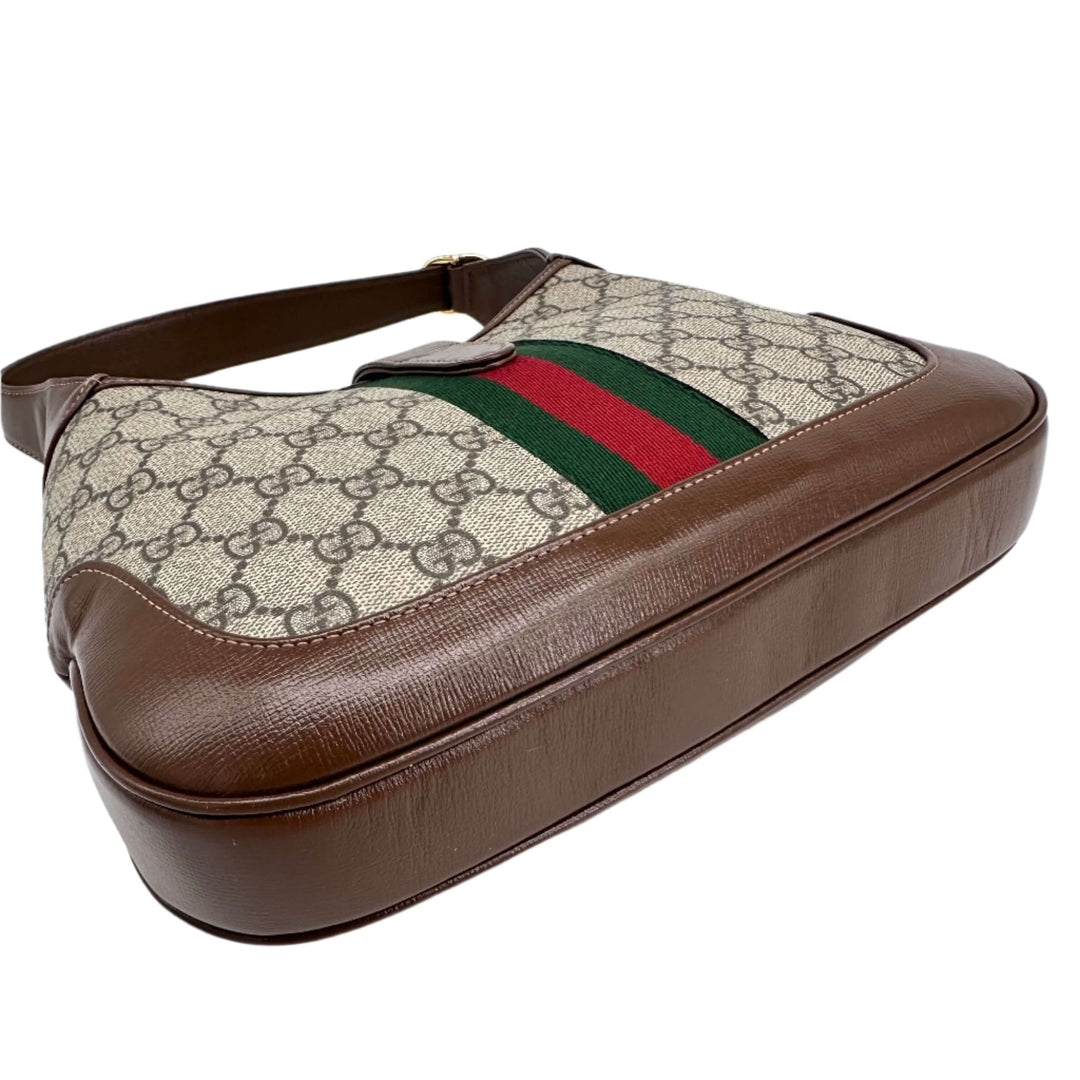 GUCCI GG Supreme Monogram Small Jackie 1961 Hobo Bag in Beige Ebony with Brown Leather Detail and Green-Red Stripe, Luxurious Fashion Accessory