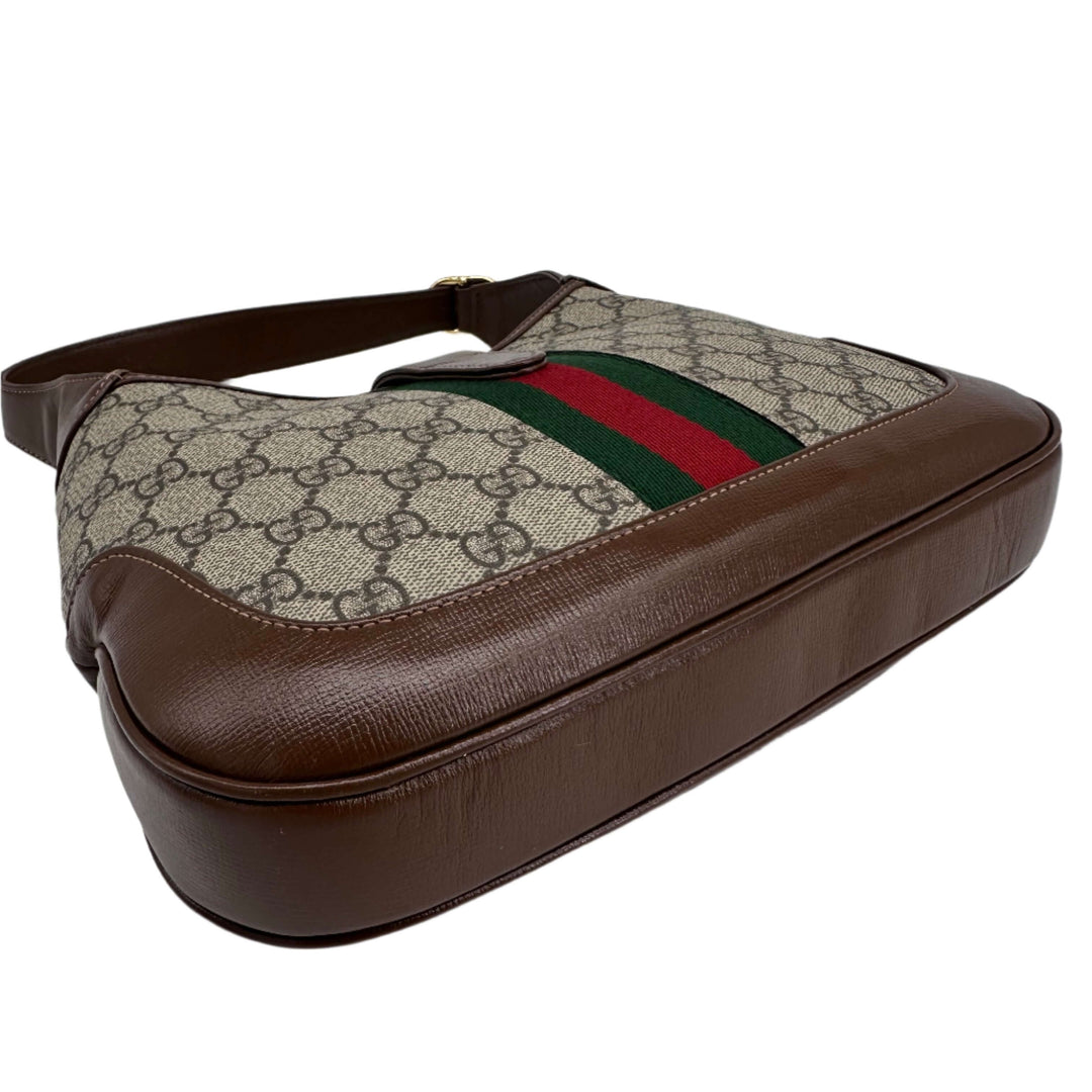 GUCCI GG Supreme Monogram Small Jackie 1961 Hobo Bag in Beige Ebony with Brown Leather Trim and Signature Green-Red Stripe Design