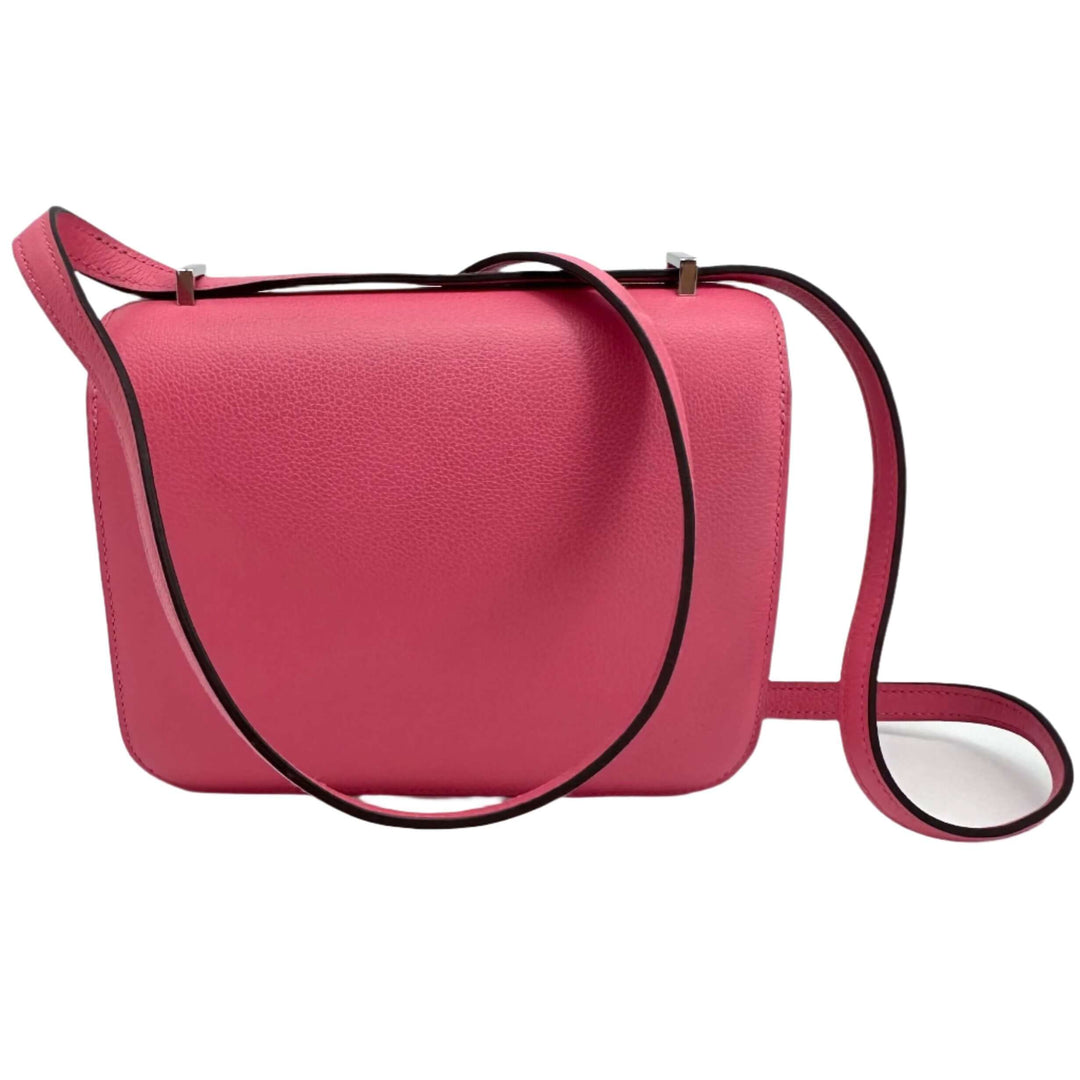 Hermes Epsom Constance 24 Shoulder Bag in pink leather with adjustable strap, rear view.