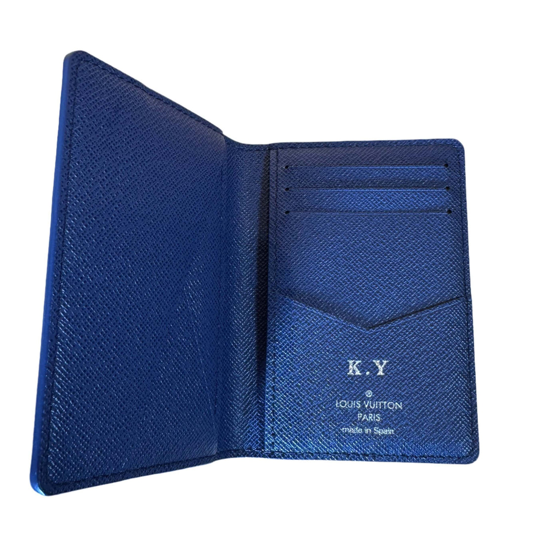 Blue Louis Vuitton monogram watercolor pocket organizer, open view, luxury leather design, made in Spain.