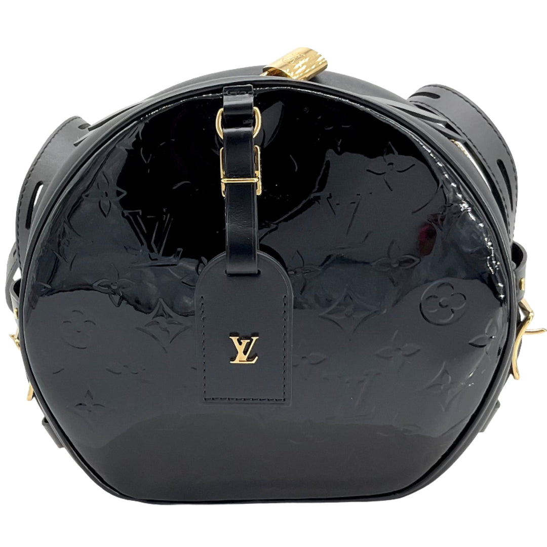Louis Vuitton Vernis Petite Boite Chapeau Souple in black glossy leather with gold accents and monogram details.